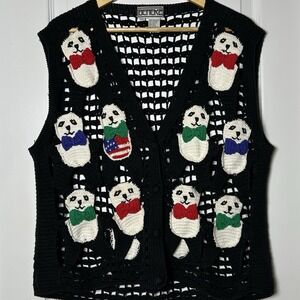 Berek 2 Vintage 90s 100% Comb Cotton Black Open Knit Crochet Panda Sweater Vest